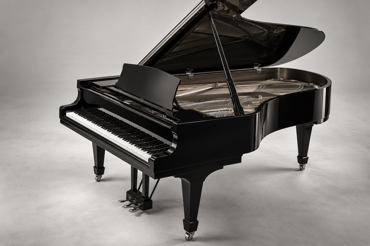 Illustrative studio study of an unbranded black grand piano